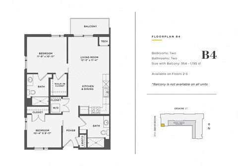Floor plan for 2 beds, 2 baths, 954 sqft